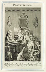 Un padre leyendo a su familia a la luz de las velas, grabado por Thomas Cook, frontispicio de un libro pub. por John Marshall y Co., 1783